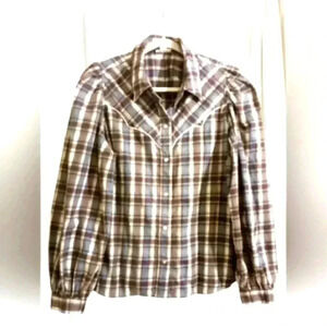 Western flannel button down blue brown vintage appeal. Pearl look buttons. Sz Lg
